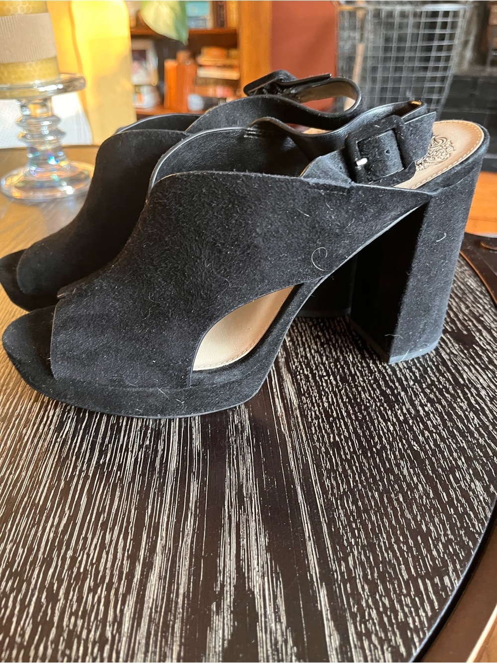 Vince Camuto Black Suede Slingback Peep-Toe Block Heels